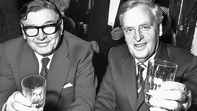 Mining magnate Lang Hancock, left, pictured with former Queensland premier Joh Bjelke-Petersen, was a big fan of the long lunch, especially if it meant favourable media coverage for one of his business enterprises. Picture: GARRY MERRIN