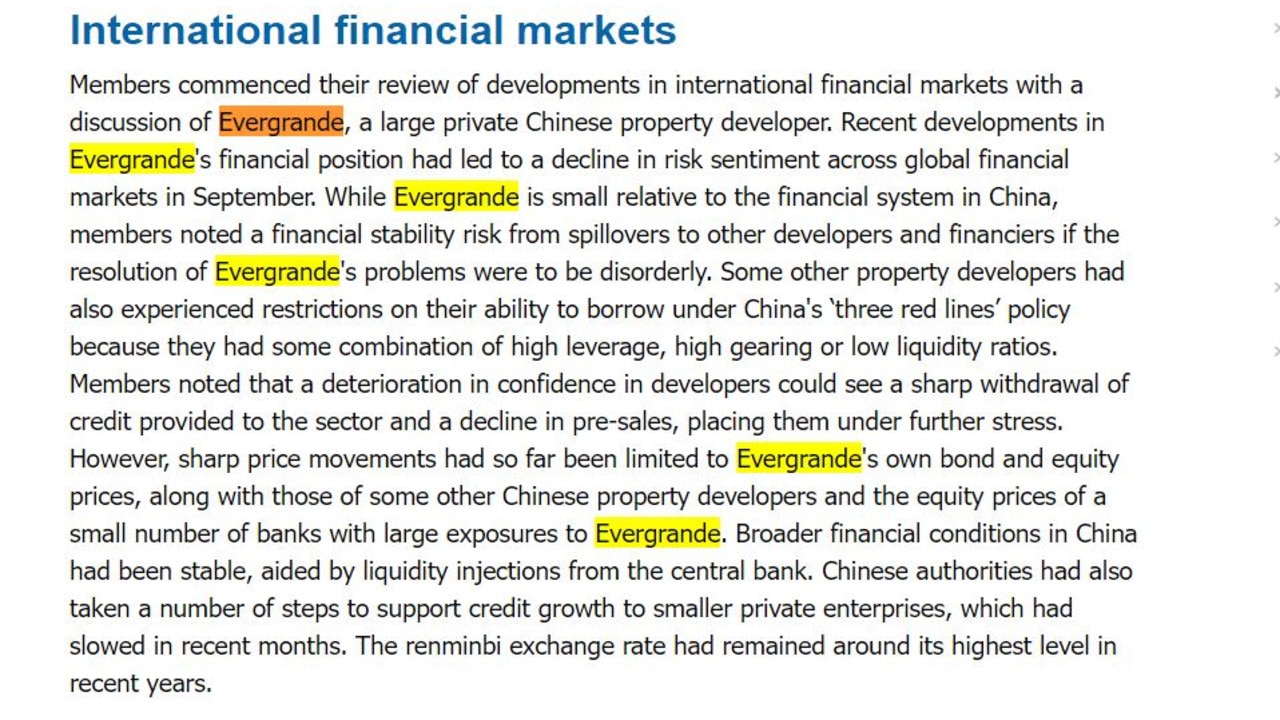 Recent RBA minutes reveal Evergrande was mentioned a whopping seven times, indicating growing concern.