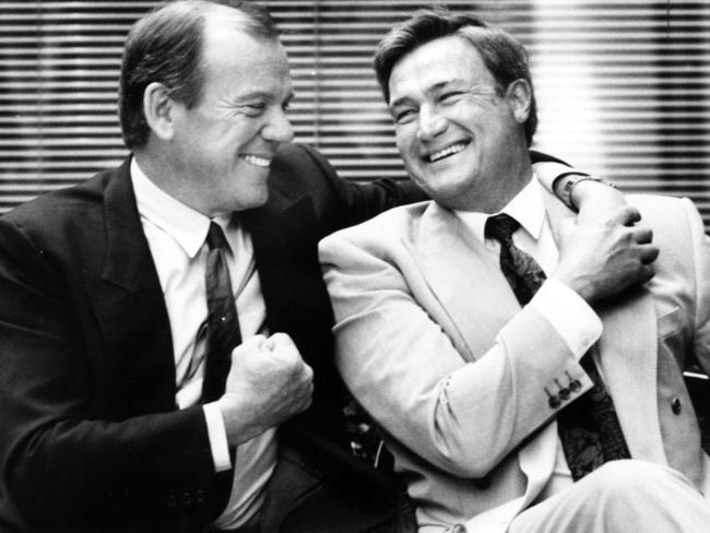 TV personalities Mike Willesee &amp; Mike Munro at Channel Nine in 1992. Picture: News Corp 