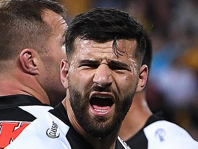 Josh Mansour of the Panthers protests a Brisbane try during the Round 19 NRL match between the Brisbane Broncos and the Penrith Panthers at Suncorp Stadium in Brisbane, Friday, July 20, 2018. (AAP Image/Dave Hunt) NO ARCHIVING, EDITORIAL USE ONLY