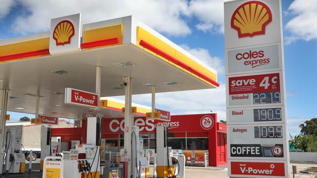 Coles Express petrol station in Adelaide’s Mansfield Park showing unleaded petrol at 221.9c/l on Tuesday, March 8. Picture: Dean Martin