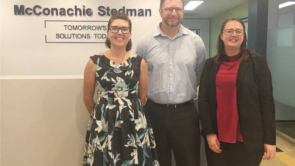 McConachie Stedman marketing manager Hannah Hoffman, director Scott Maroske and marketing and events coordinator Rebecca Smith. Picture: Contributed