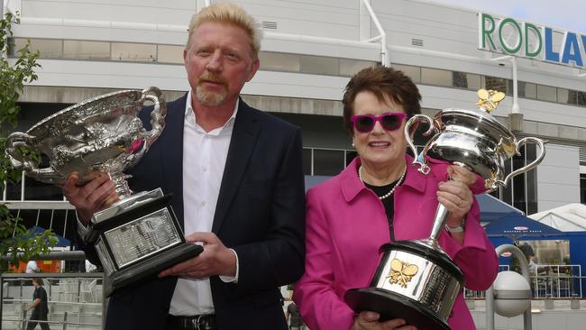 Boris Becker and Billie Jean King at the Australian Open, with the championship trophies, last week. Picture: AAP