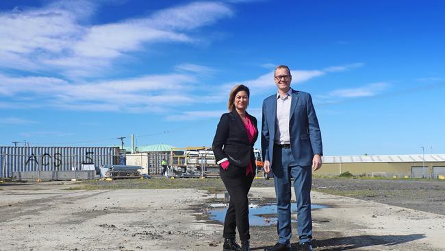 Minister for State Growth Michael Ferguson at Macquarie Point with Macquarie Point Development chief Mary Massina (left). Picture: LUKE BOWDEN