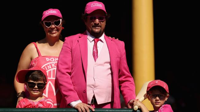 Spectators pose wearing pink during Jane McGrath Day. Picture: Getty Images