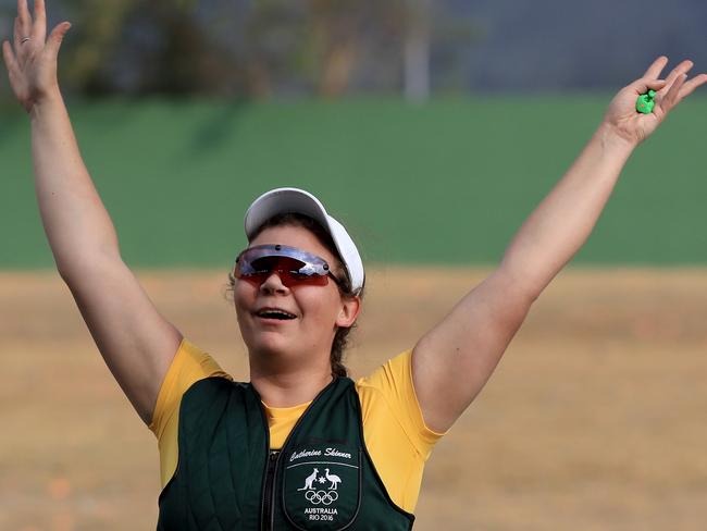 RIO DE JANEIRO, BRAZIL - AUGUST 07: Catherine Skinner of Australia reacts to winning the Women's Trap event during the shooting competition on Day 2 of the Rio 2016 Olympic Games at the Olympic Shooting Centre on August 7, 2016 in Rio de Janeiro, Brazil. (Photo by Sam Greenwood/Getty Images)