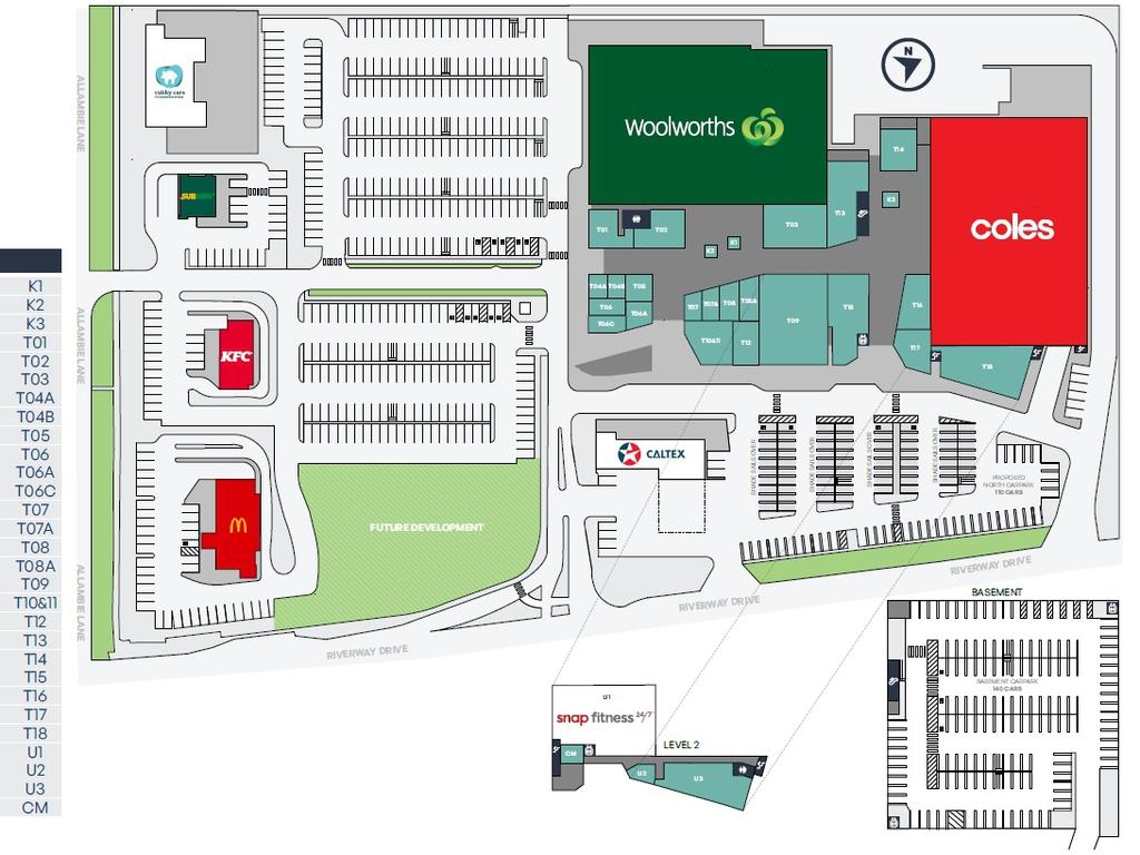 Map of the upgraded Riverway Plaza, featuring a new Coles, Snap Fitness gym, additional stores, and basement carpark. Picture: Supplied.