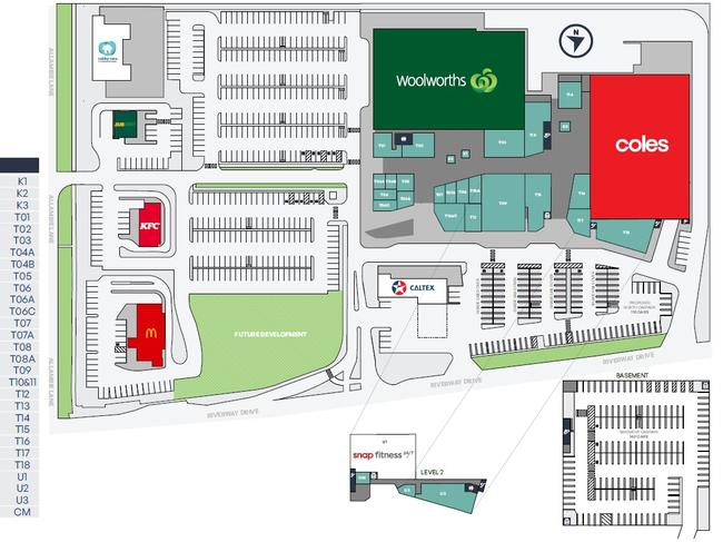 Map of the upgraded Riverway Plaza, featuring a new Coles, Snap Fitness gym, additional stores, and basement carpark. Picture: Supplied.