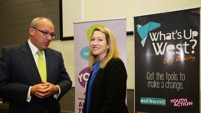 Youth Action chief executive Katie Acheson speaks with Labor leader Luke Foley at a UWS Parramatta campus conference.