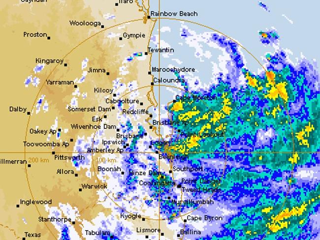 BOM rain radar of ex-Cyclone Alfred off the coast of South East Queensland.