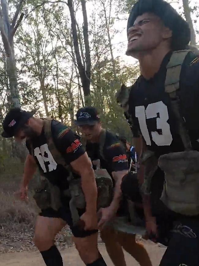 Stephen Crichton (right) feels the pinch during pre-season. Picture: Penrith Panthers