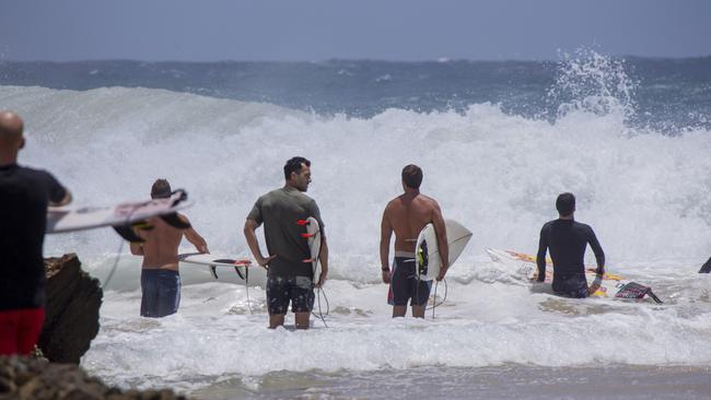 Surfers at Snapper Rocks on Sunday 2 January 2022. Picture: Jerad Williams