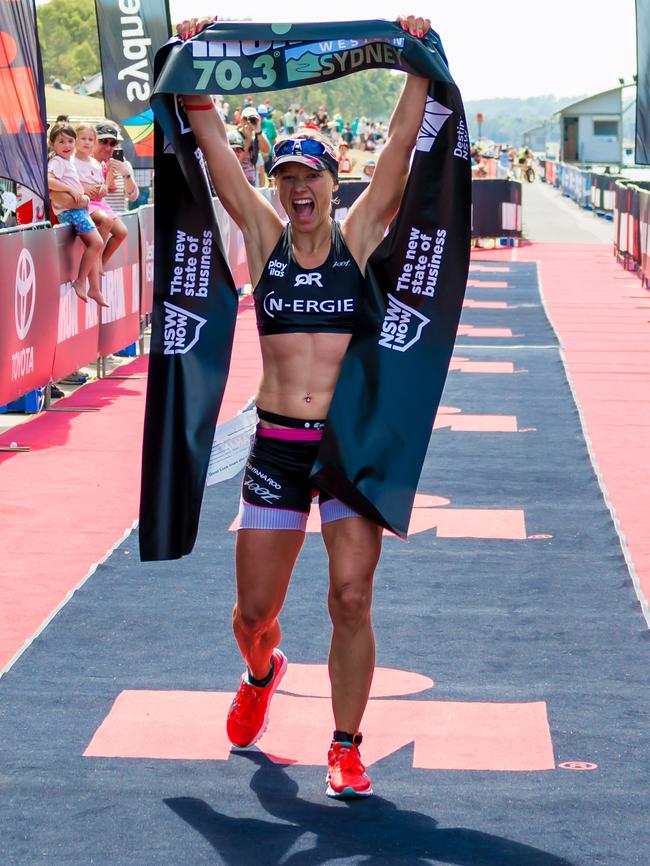 Womens winner Anja Beranek at the IRONMAN Western Sydney 70.3. (JGRimages)