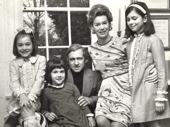 Ms Peacock has been in the public eye since she was a child. Pictured left at age 8 with father Andrew mother Susan and their children sisters Jane, 6, and Caroline, 9.