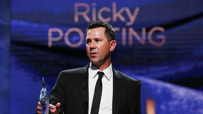 MELBOURNE, AUSTRALIA - FEBRUARY 12:  Ricky Ponting speaks after being inducted ito the Hall Of Fame at the 2018 Allan Border Medal at Crown Palladium on February 12, 2018 in Melbourne, Australia.  (Photo by Michael Dodge/Getty Images)