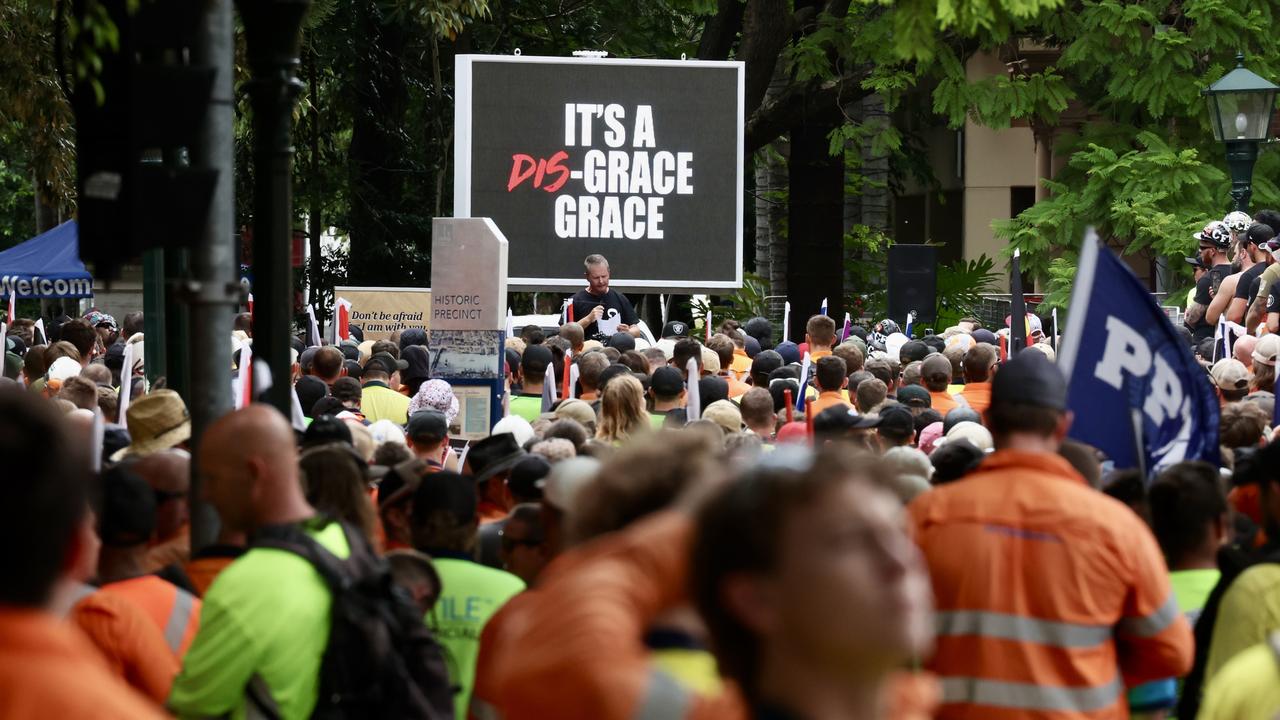 CFMEU workers protesting outside Parliament House on Thursday. Picture: Liam Kidston