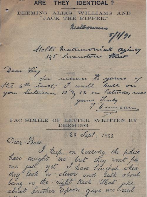 Newspaper report comparing Deeming’s handwriting with that of Jack the Ripper. Picture: Supplied.