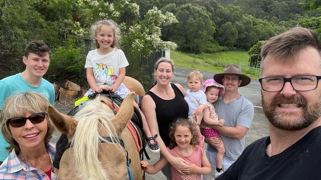 Jana Pittman and her kids Charlie, Emily, Jemima and Cornelis with best friend, Brad Foster and his partner Hamish Mckellar and their daughter Màili,