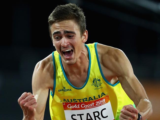 GOLD COAST, AUSTRALIA - APRIL 11:  Brandon Starc of Australia celebrates as he competes in the Men's High Jump final during athletics on day seven of the Gold Coast 2018 Commonwealth Games at Carrara Stadium on April 11, 2018 on the Gold Coast, Australia.  (Photo by Michael Steele/Getty Images)