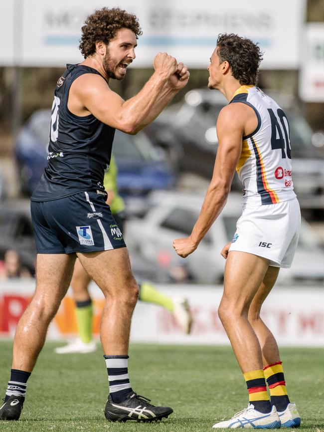 South Adelaide onballer Abe Davis reacts to a missed shot at goal by his bother Ben at Noarlunga Oval on Saturday. Picture: Morgan Sette/AAP