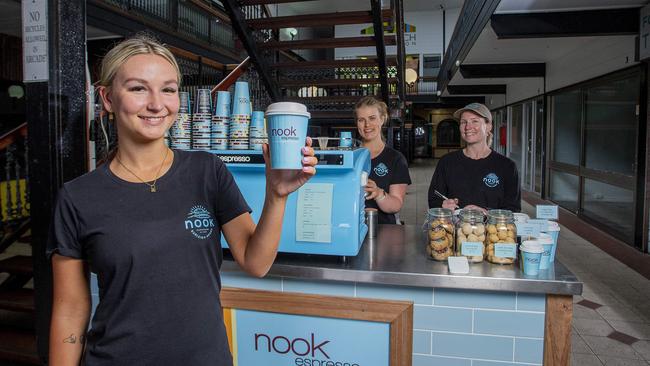 Nook Espresso moved from the Burliegh Pavilion to a set up stand at the Burleigh Arcade. Employees Making (front) Renay Littleboy, Lilly Rogers, Nicole Thompson . Picture: Jerad Williams