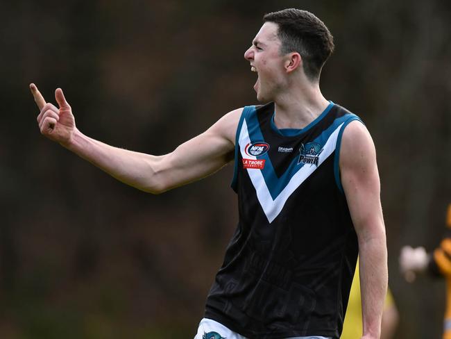 Joel Lawson celebrates a goal for Laurimar.