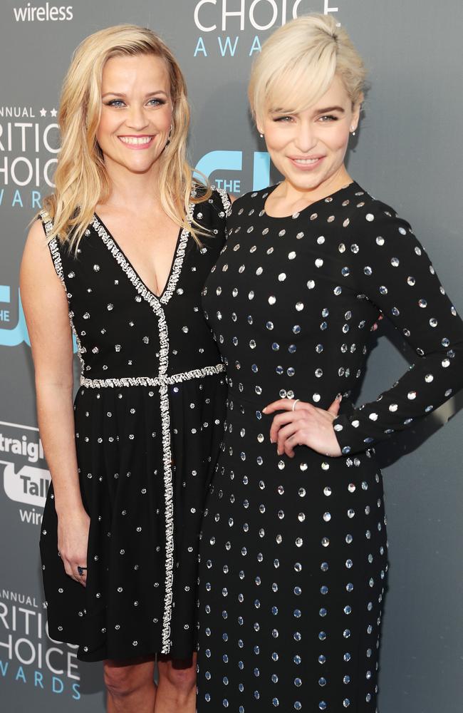 Reese Witherspoon and Emilia Clarke attend The 23rd Annual Critics’ Choice Awards at Barker Hangar on January 11, 2018 in Santa Monica, California. Picture: Getty