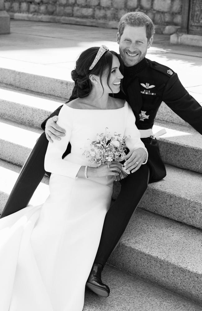 Harry and Meghan pictured on the East Terrace of Windsor Castle. Picture: Alexi Lubomirski/Kensington Palace via AP