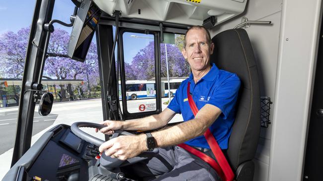 Driver Anthony Forshaw at UQ Lakes Station, St Lucia for Brisbane Metro ride on Saturday, October 12, 2024. Picture: Richard Walker