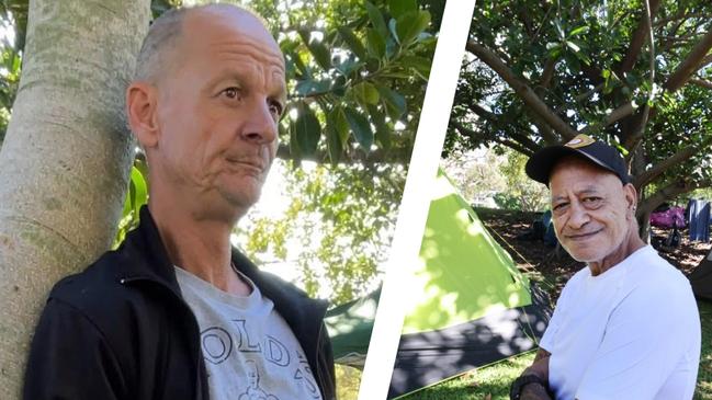 The Carey Park tent city. On the left is Lane, who has left after an eviction notice. On the right, is camp leader Matangirau (Uncz) Hira who has returned.