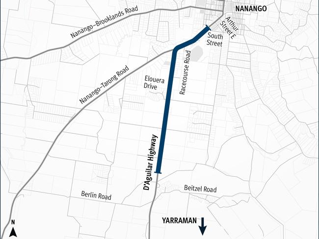 The map shows a thick navy-blue line depicting the project extents on the D’Aguilar Highway starting in Nanango township heading about 7km south of Nanango.