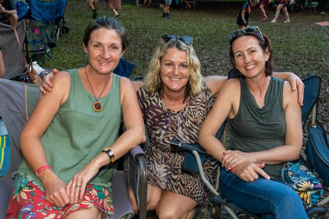 Tracey Story, Sally Seizburg from Airlie Beach and Kerry Martin from Mackay at Wintermoon Festival at Mount Charlton.Picture: Michaela Harlow