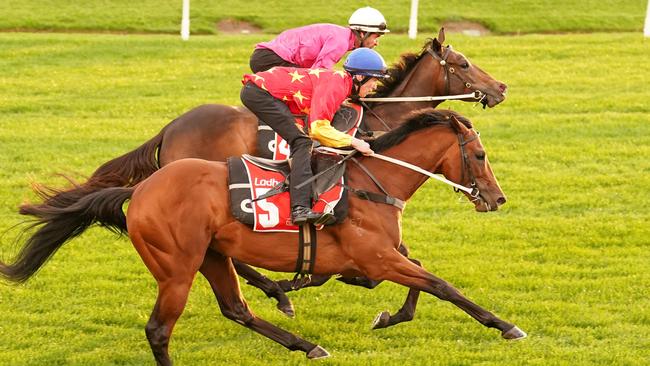 Militarize (red and yellow silks) and Fangirl during Breakfast With The Best at Moonee Valley on Tuesday.