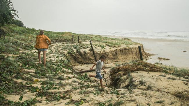 Heavy beach erosion on the coast as the community of South Golden Beach, NSW, braces for Cyclone Alfred. Picture: Glenn Campbell