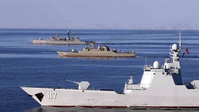 The Chinese People's Liberation Army Navy Surface Force Type 052D destroyer Xining (117), the Islamic Republic of Iran Navy frigate "ALBORZ" (72), and the Russian Navy Neustrashimyy-class frigate "Yaroslav Mudry" during joint Iran-Russia-China naval drills in the Indian Ocean. Picture: AFP.