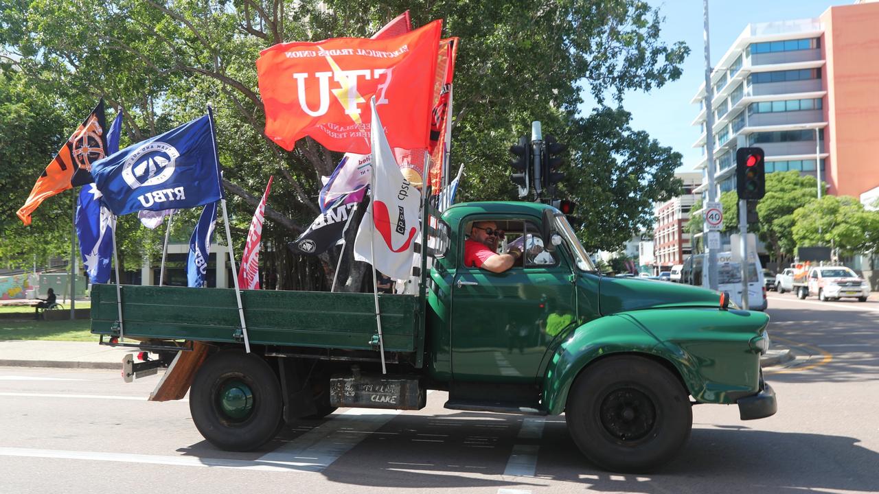 The very same Bedford truck driven by civil rights activist Brian Manning during the Wave Hill Walk-off led Darwin's May Day march on Monday, May 5. Picture: Zizi Averill