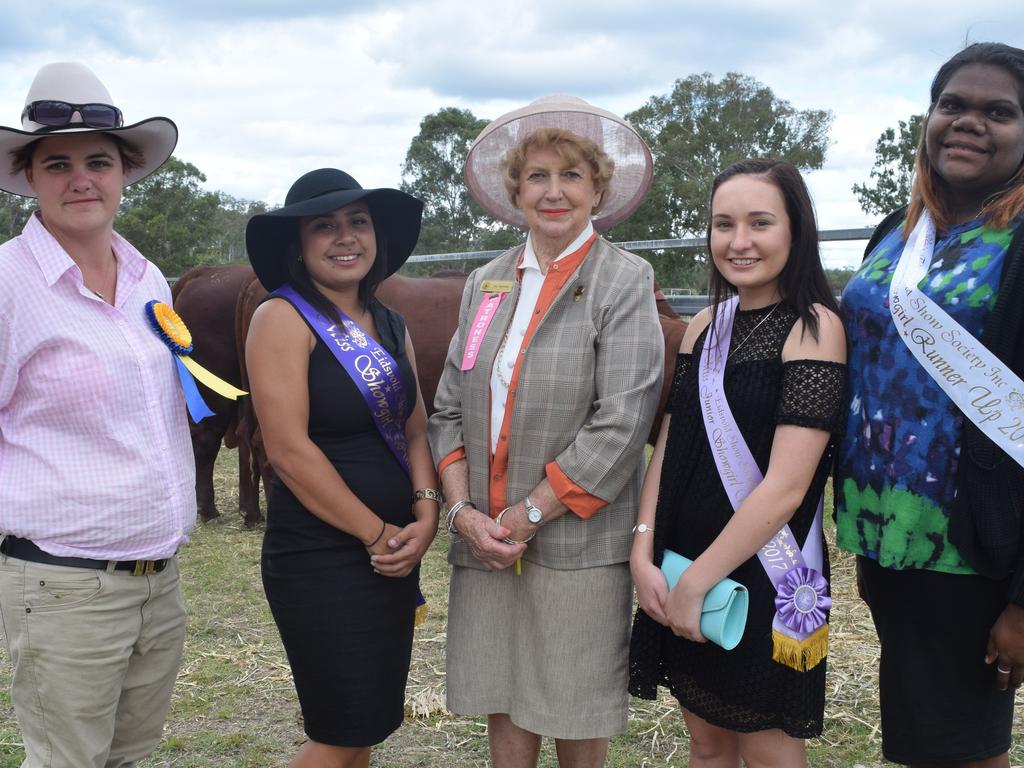 Rural Ambassador Catherine Morice, Miss Showgirl Ayeesha Tanna, Patron Mrs Dot Hamilton, Junior Miss Showgirl Jamie Blucher and Miss Showgirl Runner Up Antonia Penhall at the 2017 Eidsvold show.