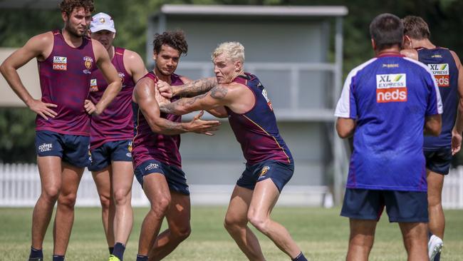 Recruit Callum Ah Chee, left, and Mitch Robinson at Brisbane training. Picture: Glenn Hunt/AAP