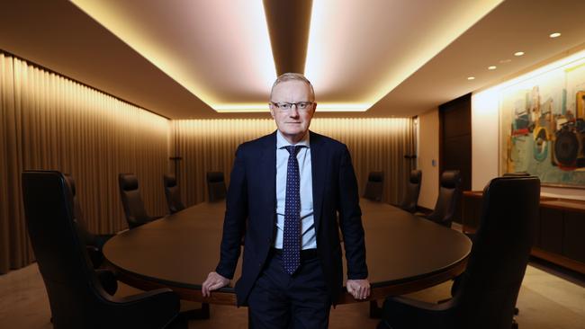 Philip Lowe, seen in the Reserve Bank of Australia's main board room in Sydney, will address the National Press Club on Wednesday. Picture: Richard Dobson