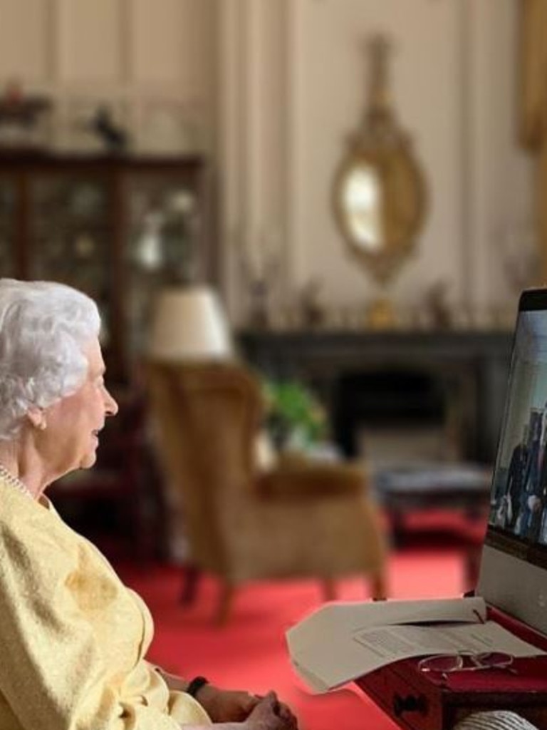 The Queen is seen at Windsor Castle as she greets Buckingham Palace guests via video link. Picture: Instagram/the royal family