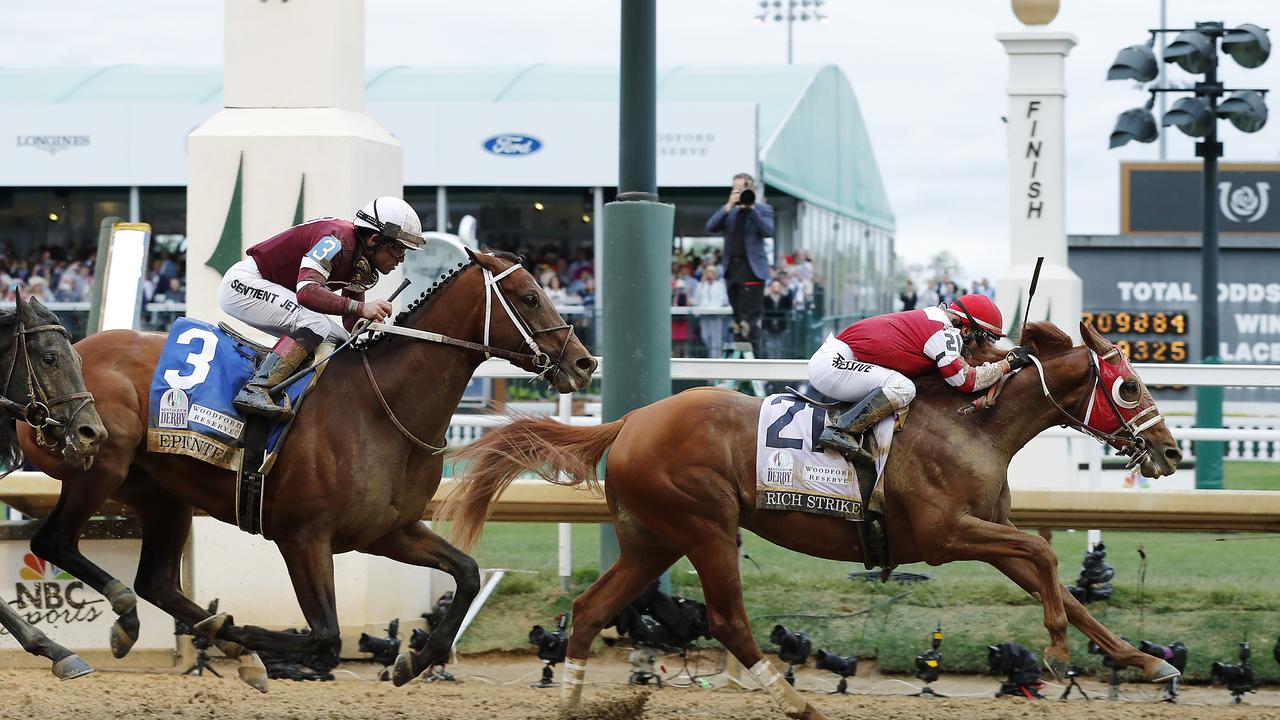 Rich Strike with Sonny Leon up wins the 148th running of the Kentucky Derby followed by Epicenter with Joel Rosario up at Churchill Downs on May 07, 2022 in Louisville, Kentucky. Photo: Getty Images