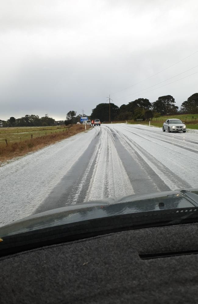 Ice — but not snow, the Bureau says — on the road between Tantanoola and Millicent in South Australia's South-East. Picture: Kimberley Ferguson
