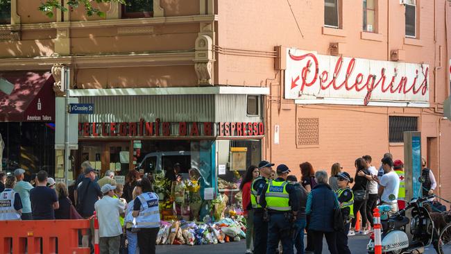 A sea of floral tributes outside Pellegrini’s. Picture: Jason Edwards