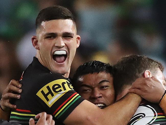 Penrith's Nathan Cleary celebrates a try by Penrith's Brian To'o during the Penrith v South Sydney NRL Final at ANZ Stadium, Homebush. Picture: Brett Costello