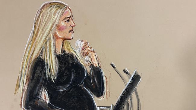 Court sketch of a pregnant Kristie Mewis in the witness box. Mewis is the partner of Sam Kerr. Photo: MB Solutions.