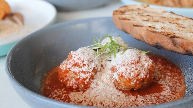 Little Mermaid's new menu item - beef meatballs sprinkled with goats cheese snow.