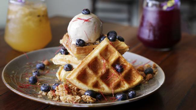 The Shak, Buderim, Sourdough waffles with lemon myrtle ice cream. Picture: AAP/Megan Slade