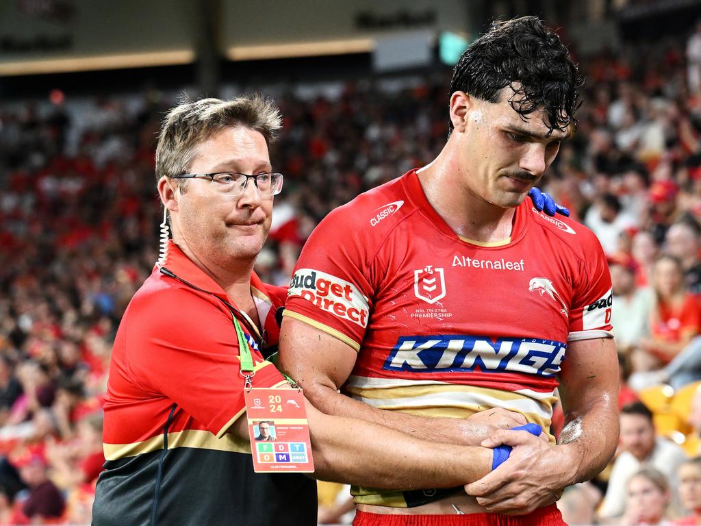 Herbie Farnworth was taken from the field late in the game. Photo: Bradley Kanaris/Getty Images