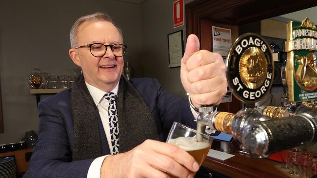 Anthony Albanese promised to pause the government’s tax hike on beers poured at pubs for the next two years. Picture: Liam Kidston