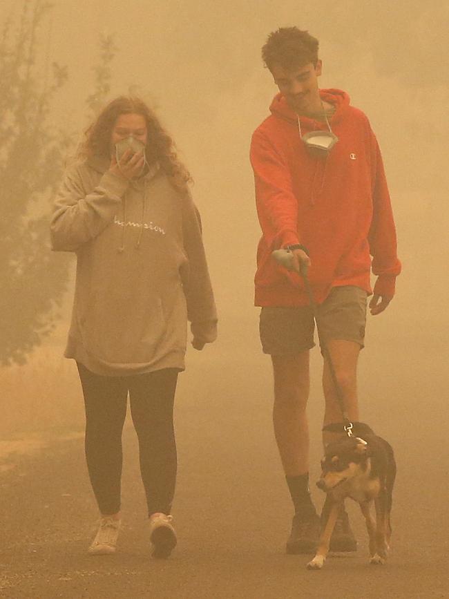 A couple walking the dog in the choking smoke at Mallacoota. Picture: David Caird